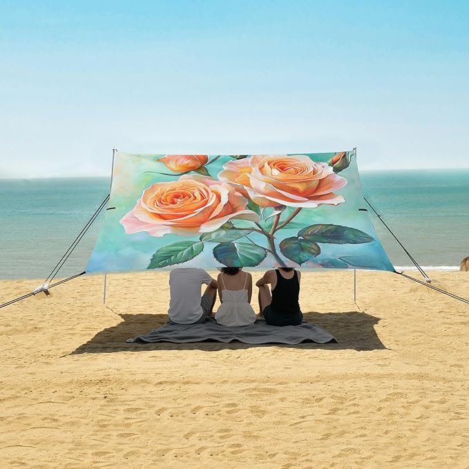 ALAZA Romantic Rose Flowers Beach Tent Sun Shelter UPF50+ Protection Beach Shade Canopy w/ 4 Sandbags for Outdoor Camping Fishing Backyard Fun Picnic 10x9 ft