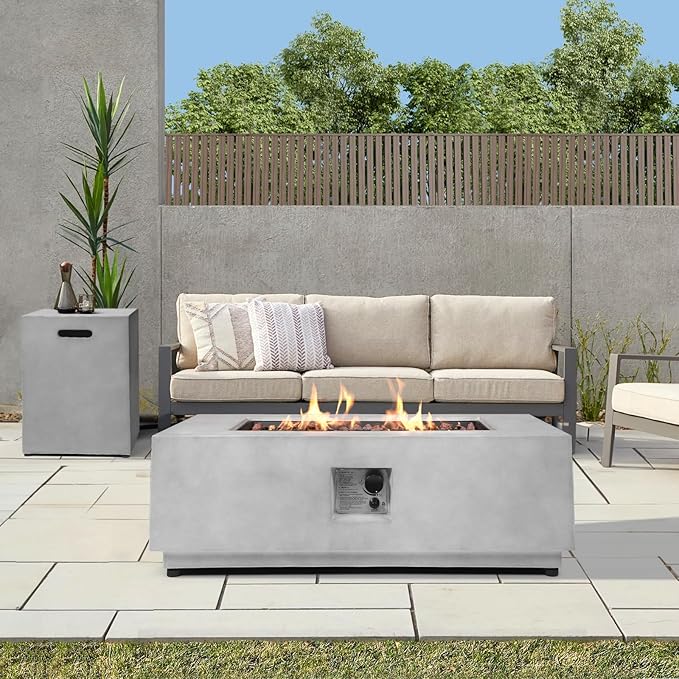 2-Piece Outdoor Propane Fire Pit Table Set w/Tank Cover Table 42inch 50000 BTU Rectangle Concrete Firepit SUS201 Burner with Steel Lid Lava Rocks Rain Cover