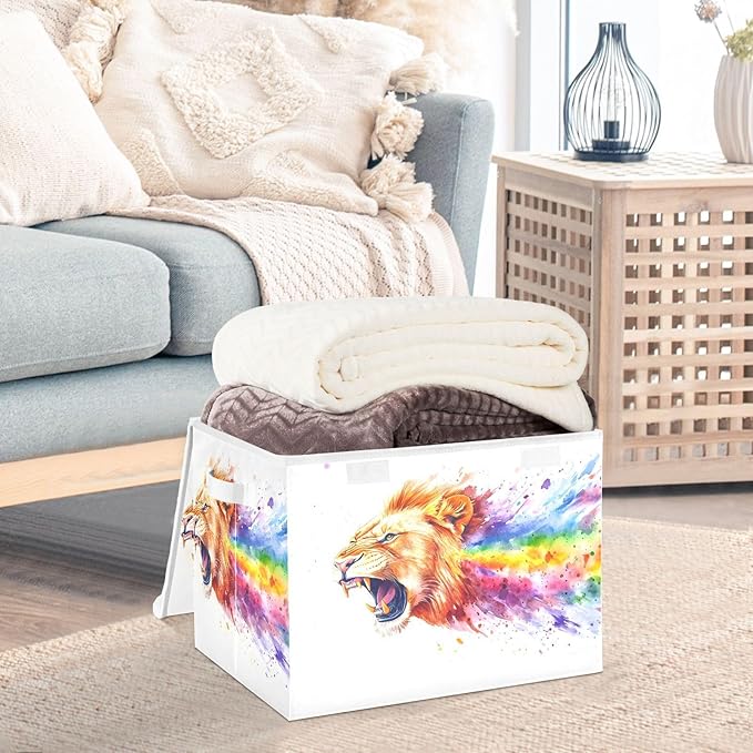 AIXIWAWA Lidded Storage Cube (Lion and Rainbow) Fabric Foldable Closet Bins with Flip Lid and Handles Organizer Basket Container 16.5 x 12.6 x 11.8 IN