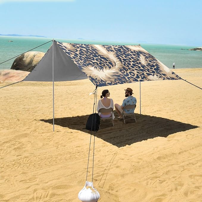 Leopard Skin Print Style Lightskyblue Beach Tent UPF50+ Protection Waterproof Large Portable Sun Shelter with Sand Shovel Sandbags for Camping Picnics Backyard &amp Fishing