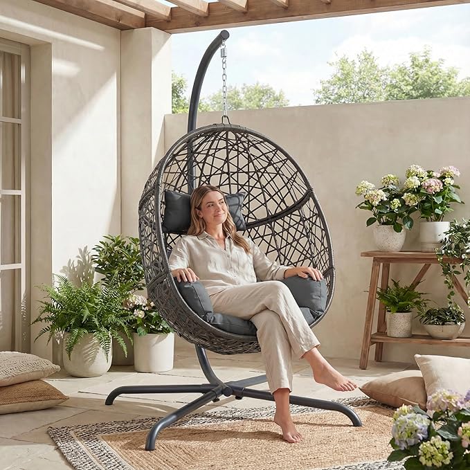 NICESOUL Bird Cage Swing Egg Chair UV/Water-Resistant 450lbs Capacity Wicker Swinging Chairs with Stand Comfy Oversized Hanging Seat w/Cushion Metal Frame &amp Cover for Indoor Outdoor Dark Grey
