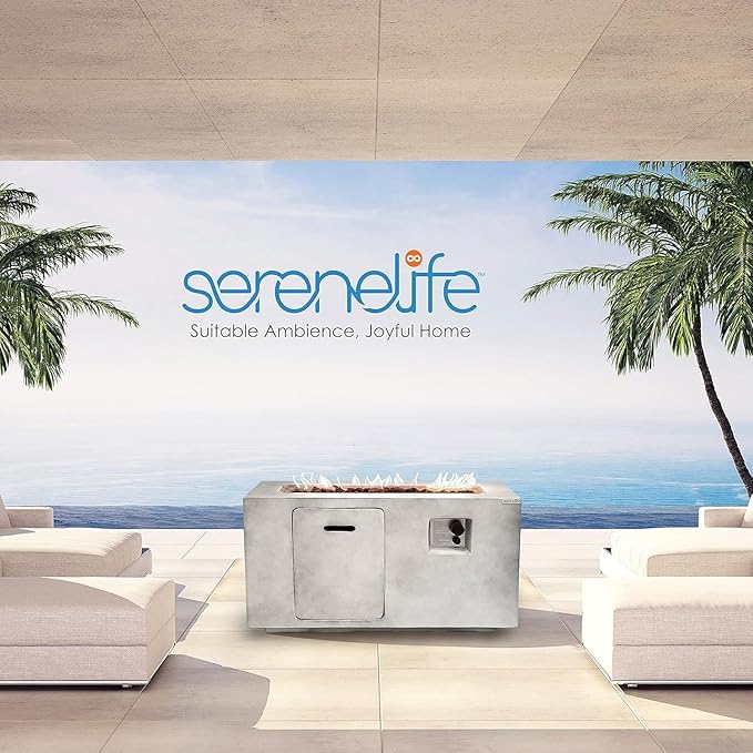 SereneLife Concrete Outdoor Propane Fire Pit Table - CSA/ETL Certified Safe 50000BTU Pulse Ignition Weatherproof Square Propane Gas Fire Table - Adjustable Flame Thermocouple - PVC Cover