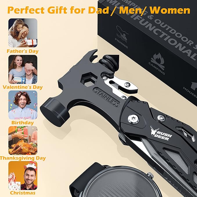 Rush Deer Camping Essentials Multitool16 in 1 Multi Tool Survival Gear with Hammer Pliers Knife Screwdrivers Bottle Opener &amp Car Safety Hammer for Camping Hiking Gift for Dad Him