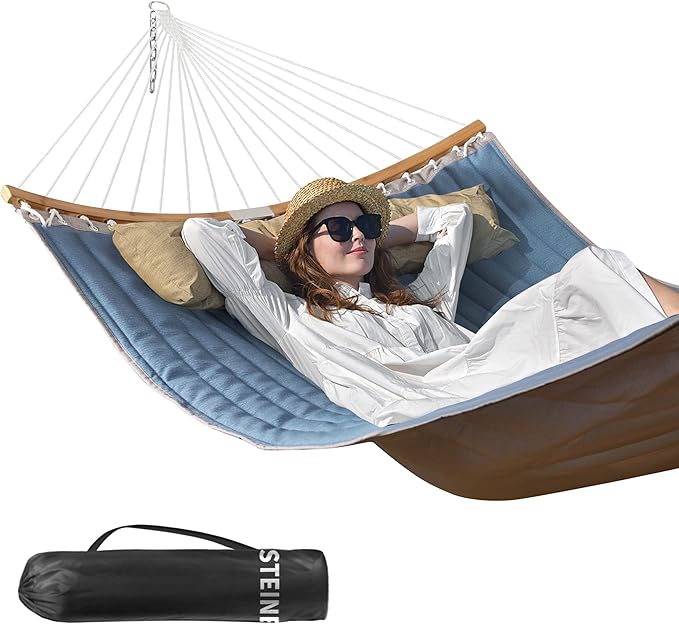 Double Hammock 11 FT Quilted Fabric 2 Person Hammock for Outside with Pillow Folding Curved Spreader Bar Chains Carrying Bag Indoor Outdoor 450 IB Capacity JeansBlue