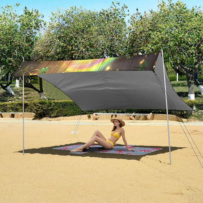 xigua St. Patrick's Day Beach Tent Sun Shelter with Carrying Bag - Silver Coated Oxford Fabric Beach Canopy for Beach Camping Fishing - Includes Windproof Ropes Sandbags &amp Stakes