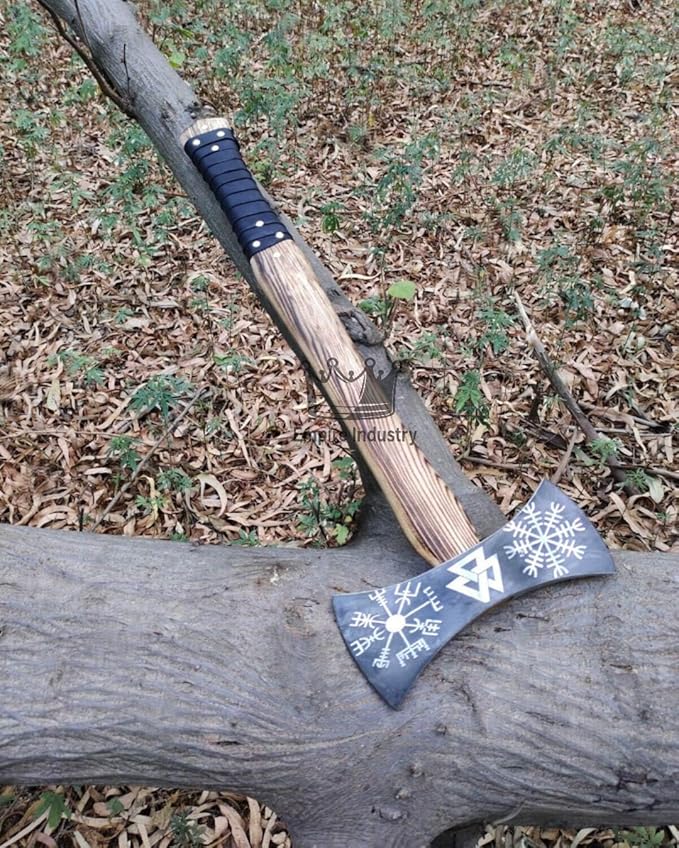 Handmade High Carbon Steel Double Edge Viking Axe - Valhalla Axe with Sheath - Viking Hatchet - Hunting Axe - Ash Wood Handle by Empire Industry