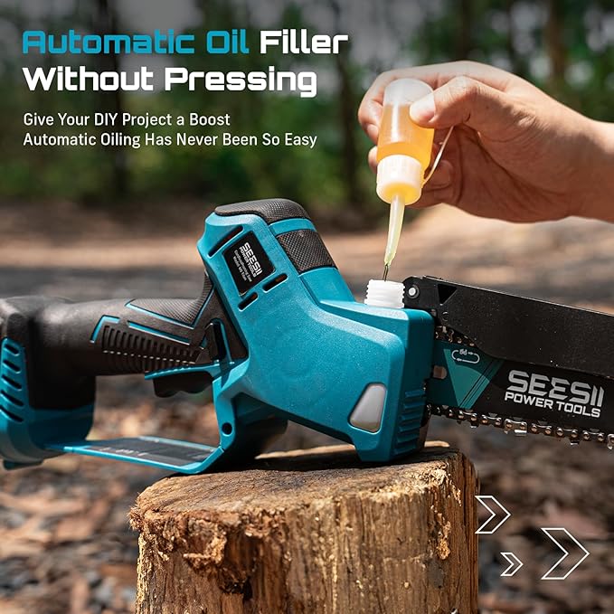 SEESII Brushless Mini Chainsaw 6 Inch Handheld Saw with 2 * 2000 mAh Batteries Cordless Chainsaw with Automatic Oiler Compatible with Makita 18V Battery Electric Saw for Tree Limb Branch Cutter
