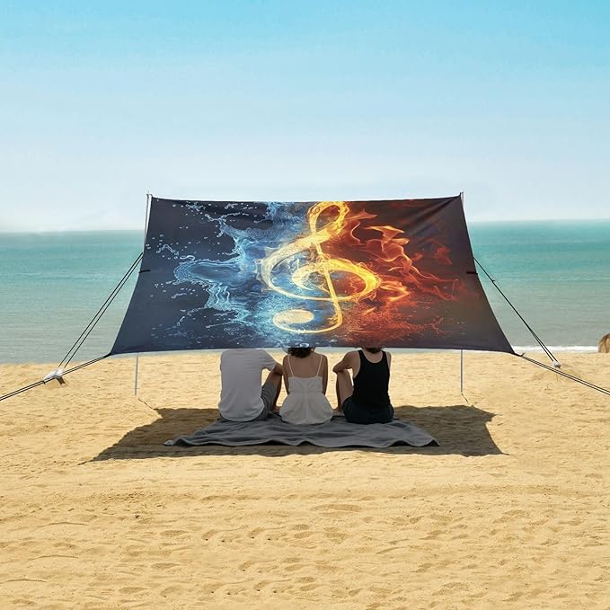 ALAZA Music Note Fire Water Beach Tent Sun Shelter Portable Canopy Sunshade for Outdoor Camping Picnics Backyard Fun 10x9 ft