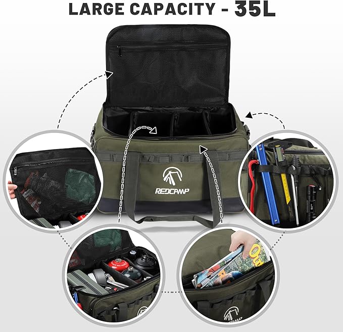 REDCAMP Camping Tote Organizer 35L Tactical Duffel Bag Waterproof Camp Storage Organizer with 3 Adjustable Dividers and Shoulder Strap for Outdoor Transport Army Green