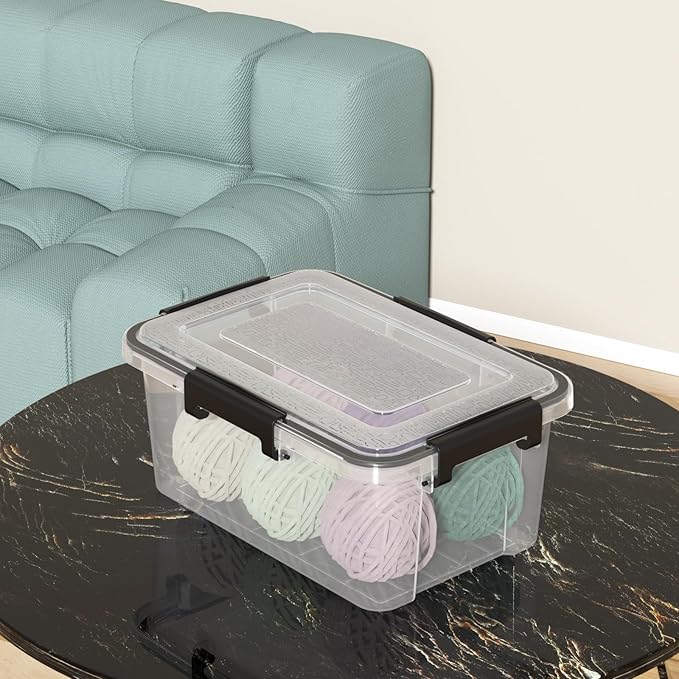 6-Pack 12 Qt Plastic Storage Box with Gasket Seal Lid Durable Moving Containers with Tight Latch Weather Proof Tote Bin Clear/Black