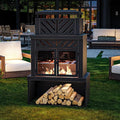 Outdoor Fireplace with Chimney and Wood Storage Metal Wood Burning Fire Pit with Heat Resistant Gloves Fire Poker and Grill Mesh Outside Fireplace for Patio Garden and Deck Black