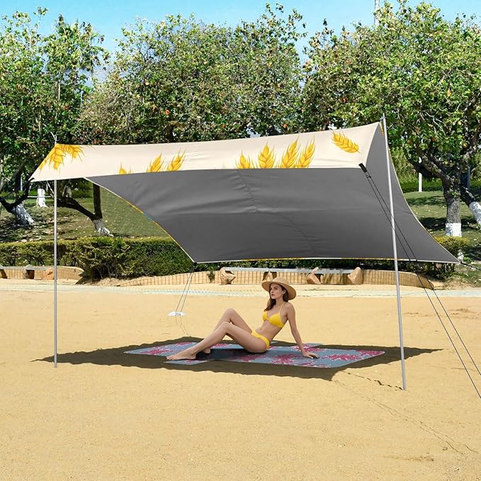 Beach Canopy with Windproof Ropes &amp Sandbags Beach Tent Sun Shade Sun Shelter for Camping Trips Fishing Backyard Fun or Picnics Wheat Pattern
