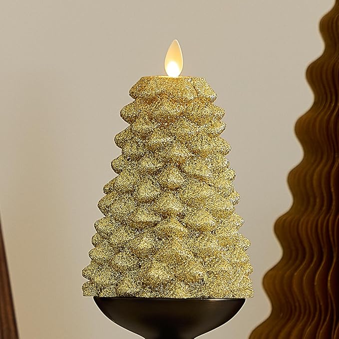 Luminara Rich Gold Glitter Flameless LED Candle North Tree Moving Flame Pillar (3.8 x 6)