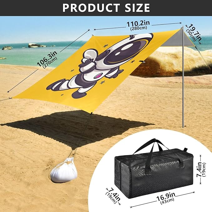ALAZA Cute Bee Astronaut Cartoon Beach Tent Sun Shelter UPF50+ Protection Beach Shade Canopy w/ 4 Sandbags for Outdoor Camping Fishing Backyard Fun Picnic 10x9 ft