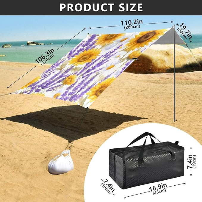 ALAZA Sunflower Lavender Flowers Beach Tent Sun Shelter UPF50+ Protection Beach Shade Canopy w/ 4 Sandbags for Outdoor Camping Fishing Backyard Fun Picnic 10x9 ft