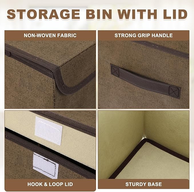 uxcell 2Pcs Storage Bin with Lid Fabric Foldable Box Decorative Storage Boxes with Lids for Keepsake Shelf Closet Nursery Home Bedroom(Brown S &amp L Size)