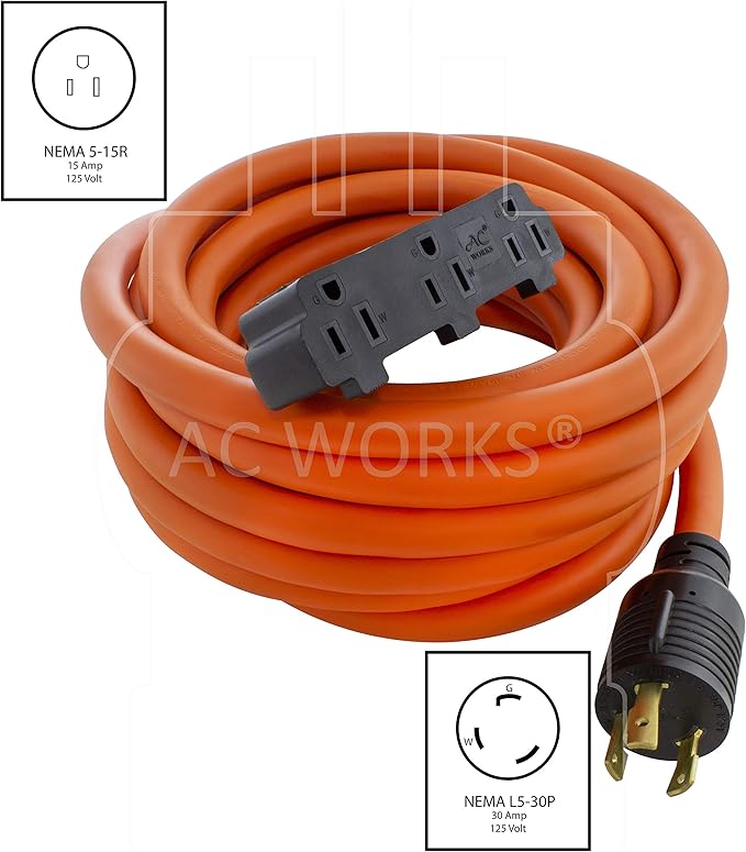 AC WORKS L5-30 30Amp 3-Prong Locking Generator Distribution Cord (25FT L5-30 to Tri-Household Flexible)