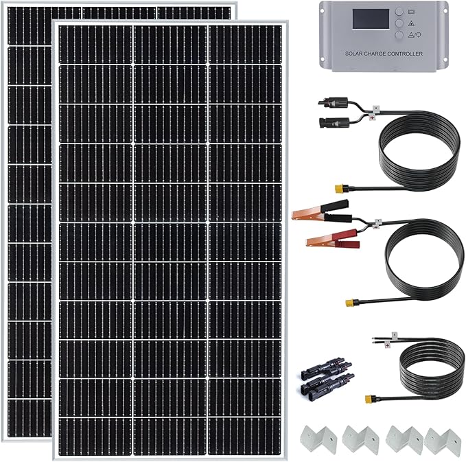 200 Watt 12Volt/24Volt Solar Panel Starter Kit 2PCS 105W Monocrystalline Module 20A Charge Controller for RV Boats Trailer CamperCabin Off-Grid System(200W Solar kit)