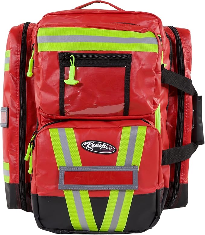 Kemp USA Heavy-Duty EMT Bag Made with Fluid-Resistant Tarpaulin Material - Emergency Survival Kit with Room for D O2 Tank - Medical Backpack with Multiple Handles (Tarpaulin Fabric Red)