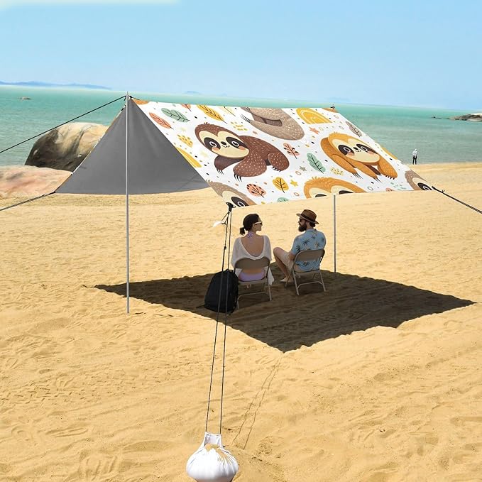 Playful Sloth Beach Tent Sun Shelter Set UPF50+ UV Protection 10.5 x 9.19 FT Camping Shade Canopy with Sandbags Sand Anchors Carrying Bag and Others