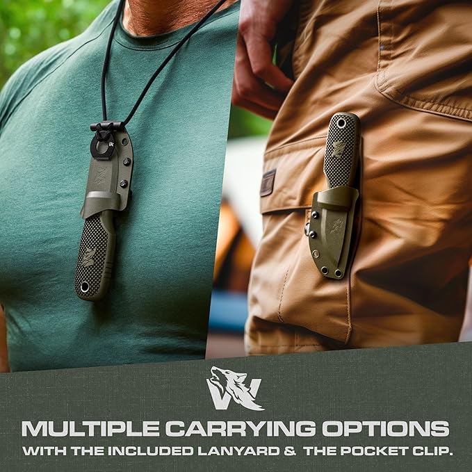 ODENWOLF W-MINI 2 - EDC Neck Knife with Sheath and Necklace - Small EDC Fixed Blade Knife Necklace and Belt Clip - Pocket Fixed Blade Knives - Full Tang Neck Knife with Sheath Tactical + Fire Starter