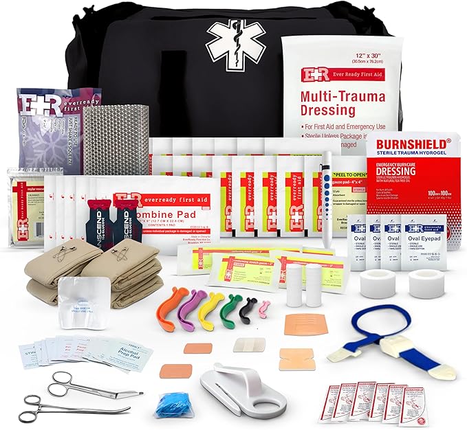 First Responder Trauma First Aid Kit Bag – Fully Stocked Emergency Medical Kit for Workplace Vehicle &amp Home – OSHA &amp ANSI Compliant – Portable – Tactical Black