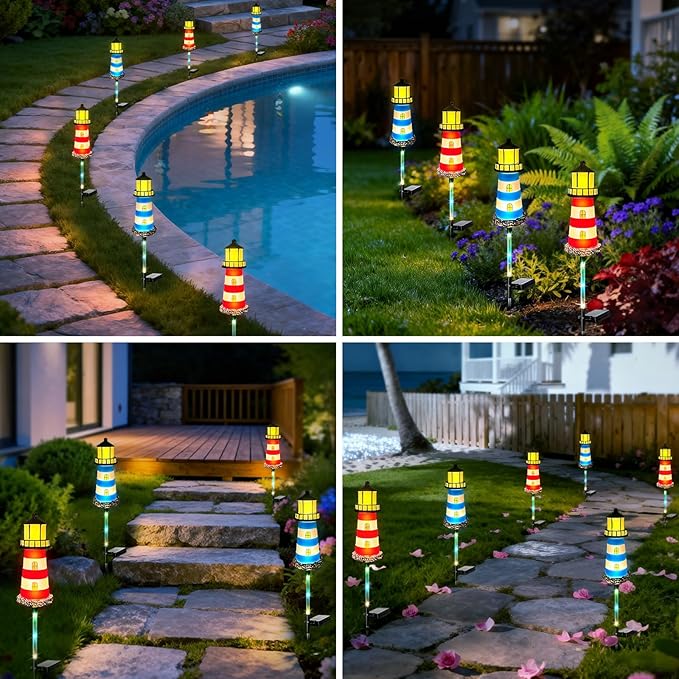 Solar Garden Lights Outdoor Decorations 4 Packs Lighthouse Waterproof Lights walkways Garden Decor for Outside Landscape Light for Yard Patio Pathway Decor Gifts