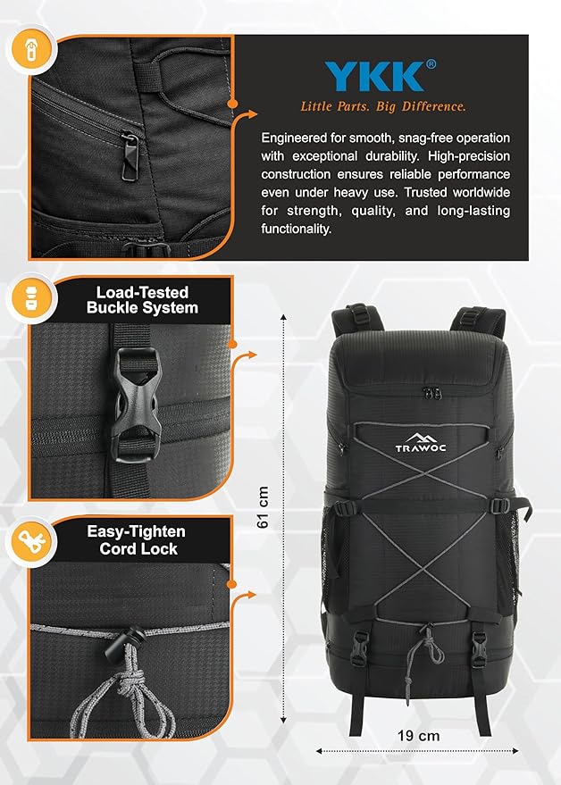 TRAWOC STEALTH 40L Travel Backpack for Men and Women Laptop &amp Shoe Compartment Rain CoverCasual Bag for trekking &amp Hiking