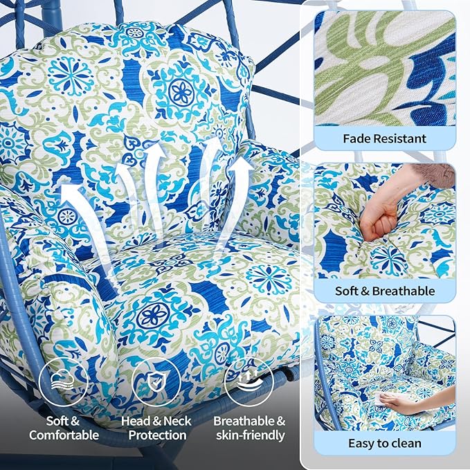 Hanging Egg Chair with Stand Outdoor Indoor Patio Rattan Swing Hammock Chairs with Washable Cushion PE Wicker Swing Chair for Backyard Bedroom Garden (Blue + Floral Cushion No Footrest)