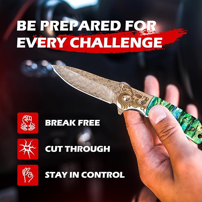 MINI.KATANA Unleash Damascus Pocket Knife - 67-layer VG10 Steel Damascus Folding Knife with Clip Leather Sheath - High Carbon Steel Pocket Knife for Men - Handmade Sharp and Durable