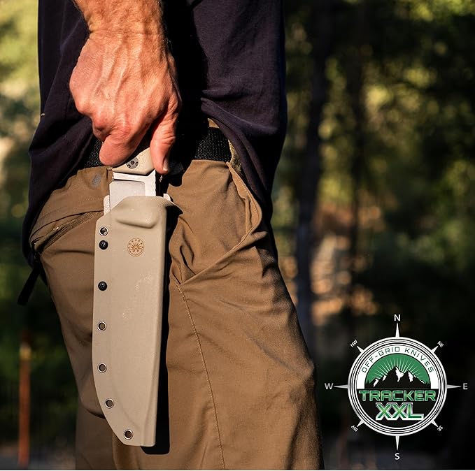 Off-Grid Knives - TRACKER-XXL Fixed Blade Knife Cryo D2 Blade Steel G10 Scales Kydex Sheath OG Lo-Pro Belt Attachment Chopping Camping Bushcraft Hunting Survival (Coyote)