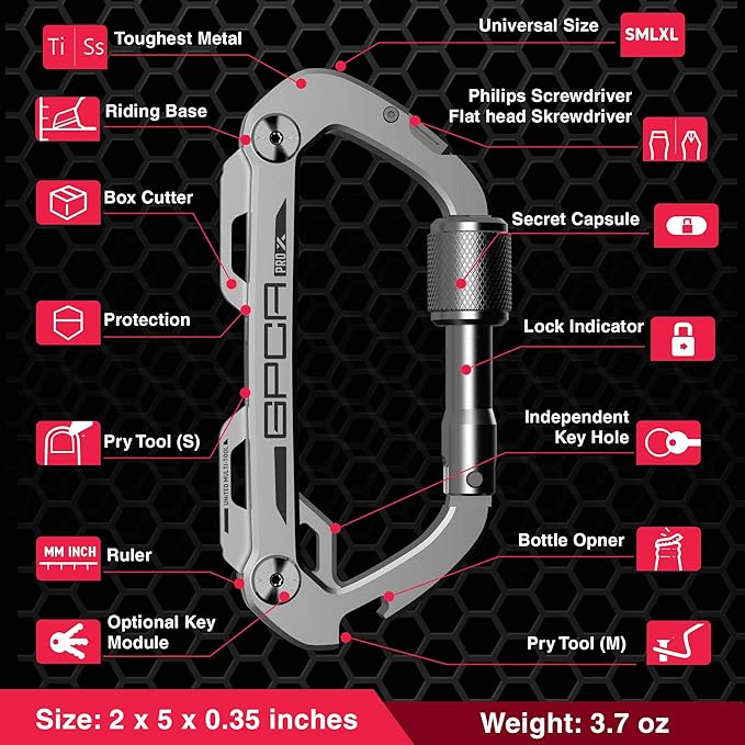 GPCA Carabiner Multitool - Carabiner Heavy Duty Key Clip for Keys Bottle Opener Screwdriver Box Cutter Ruler Keychain Clip Keychain Organizer EDC Gear for Camping &amp Hiking - Gifts for Men