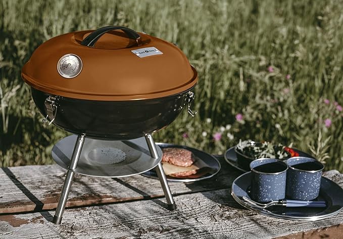 GasOne – 14-inch Portable Barbecue Grill with Thermometer - 3-Point Locking Lid for Heat Preservation – Dual Venting System – Small Charcoal Grill for Backyard Camping Boat