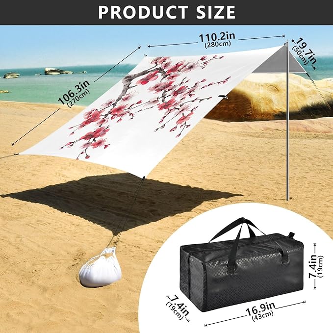 ALAZA Cherry Blossom Flower Red &amp Pink Beach Tent Sun Shelter UPF50+ Protection Beach Shade Canopy w/ 4 Sandbags for Outdoor Camping Fishing Backyard Fun Picnic 10x9 ft