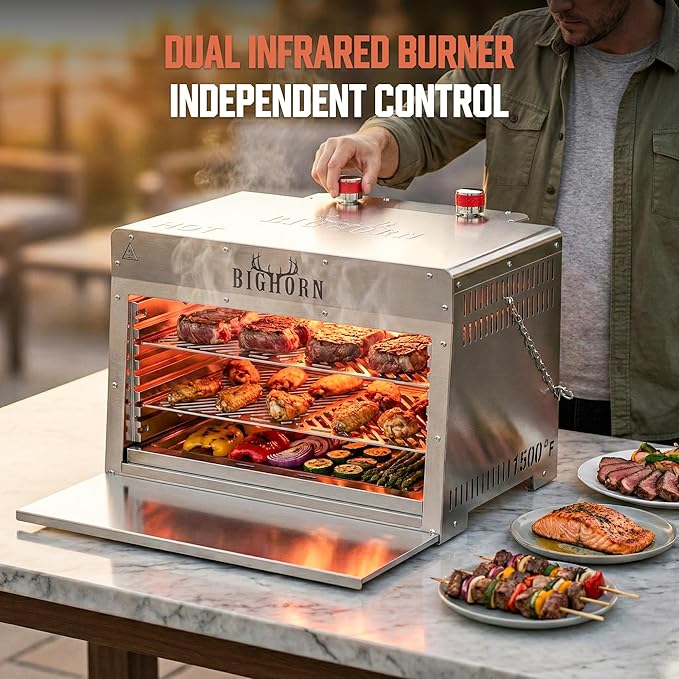 BIG HORN 2 Burner Infrared Gas Grill - 1500℉ Steak Cooker &amp Salamander Broiler Tabletop Propane Grill with Pizza Stone for Outdoor Cooking Stainless Steel Gas BBQ Grill