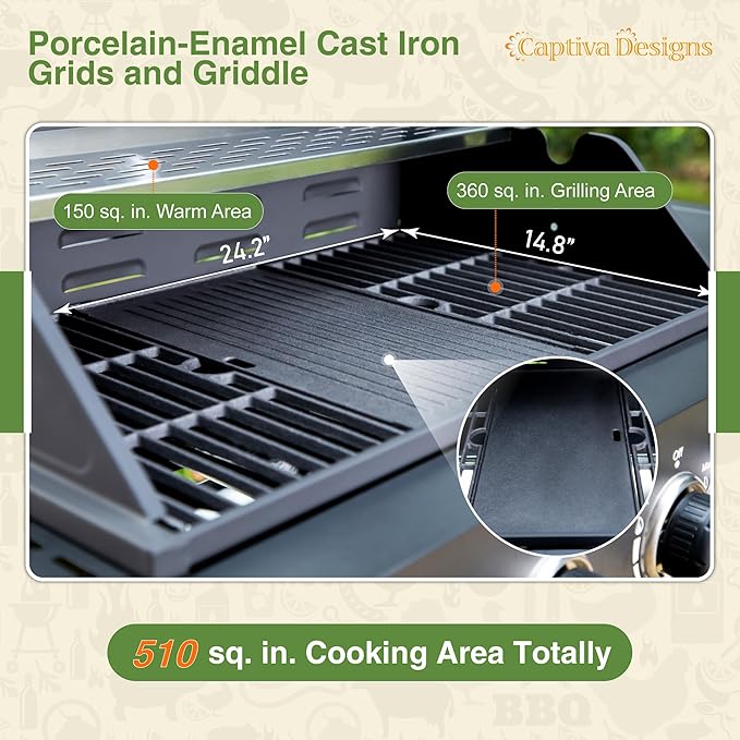 Captiva Designs 4-Burner Propane Gas BBQ Grill with Side Burner &amp Porcelain-Enameled Cast Iron Grates 46700 BTU Output for Outdoor Cooking Kitchen and Patio Backyard Barbecue Black