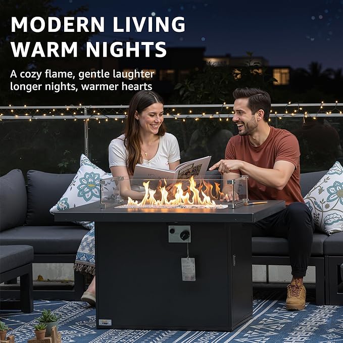 NICESOUL 43'' Aluminum Fire Pit Table 60000 BTU Propane/Natural Gas Outdoor Firepit with Wind Guard &amp Glass Rocks All-Weather Rectangular Fireplace for Outside Patio CSA-Certified Ember Black