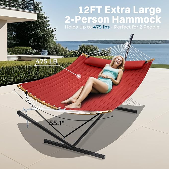 SUPERJARE Hammock with Stand 2 Person Heavy Duty Hammock with Padded Cotton Detachable Pillow &amp Strong Curved-Bar &amp Portable Carrying Bag Perfect for Outdoor &amp Indoor Red