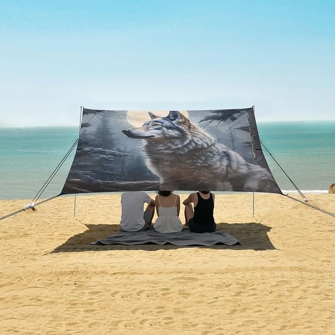 ALAZA Wolf Moon Night Forest Beach Tent Sun Shelter Portable Canopy Sunshade for Outdoor Camping Picnics Backyard Fun 10x9 ft