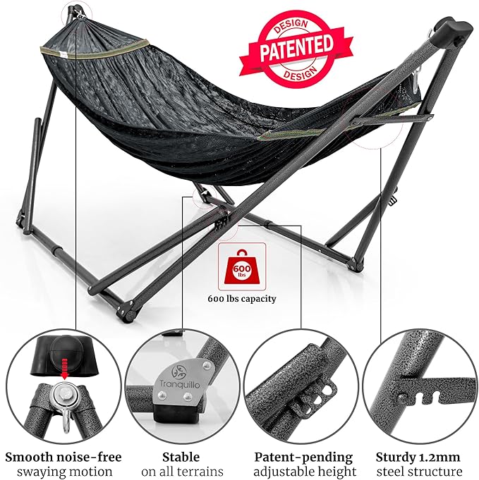 Tranquillo Combo x2 Hammocks with Stand for Outside &amp Tree Straps Heavy Duty Hammock with Stand 600lbs for Indoor Outdoor Patio Backyard x2 Hammocks for 2 Person (Combo - Black Medium)