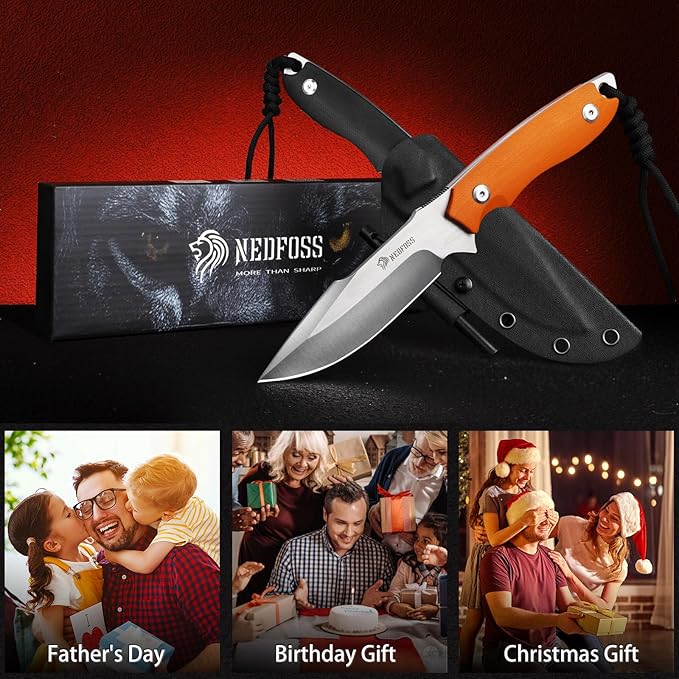 NedFoss Survival Knife with Fire Starter and Kydex Sheath 9.25 Full Tang Fixed Blade Camping Knife with Sheath Horizontal &amp Vertical Bushcraft Knife with G10 Handle for Outdoor Hunting Fishin