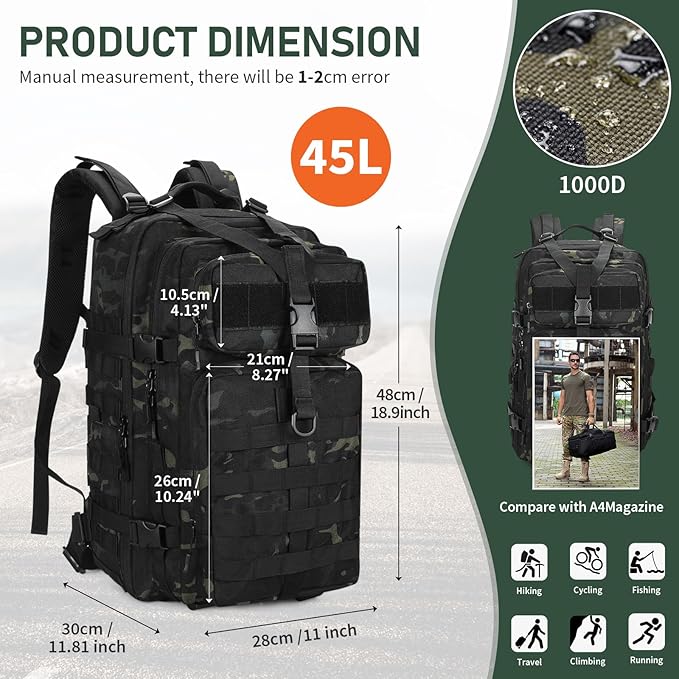 HUNTVP 1000D Tactical Backpack 45L Military MOLLE Backpack Assault Pack Army Camping Hiking Rucksack Outdoor Backpack (Black CP)