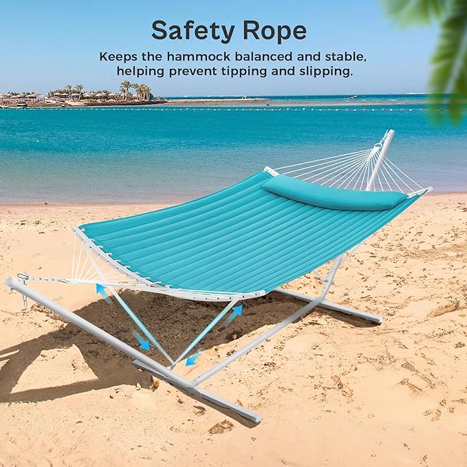 SUPERJARE Hammock with Stand 2 Person Heavy Duty Hammock with Padded Cotton Detachable Pillow &amp Strong Curved-Bar &amp Portable Carrying Bag Perfect for Outdoor &amp Indoor Sky Blue