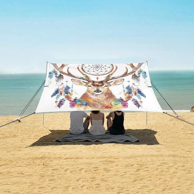 ALAZA Deer Boho Chic Style Dream Catcher Beach Tent Sun Shelter Portable Canopy Sunshade for Outdoor Camping Picnics Backyard Fun 10x9 ft