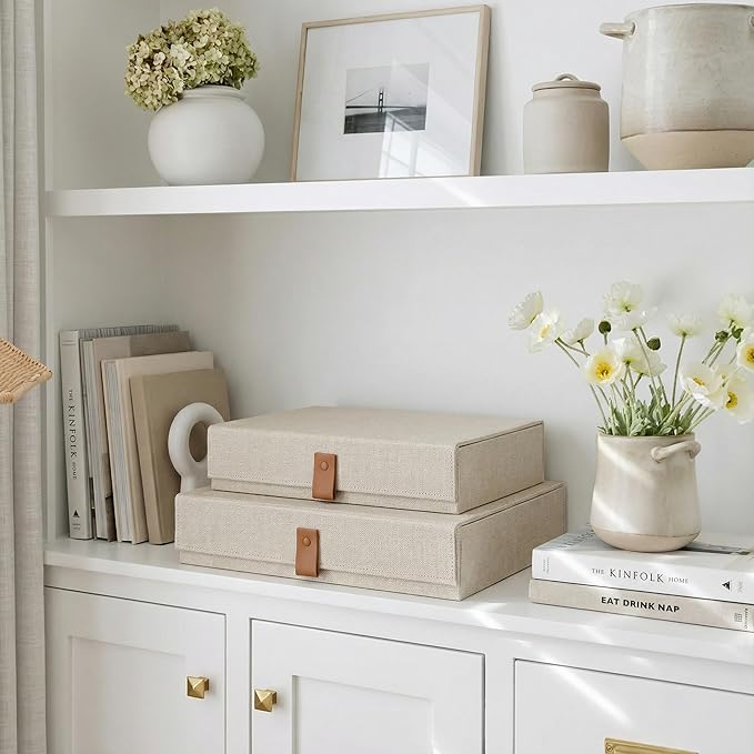 Decorative Photo Storage Boxes with Lids - Set of 2 Beautiful Linen Organizers Are Perfect to Safely Store Your Pictures Documents Scrapbooking Supplies Keepsakes and Other Memories in Style