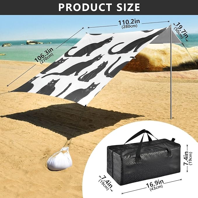 ALAZA Black Cats Silhouettes Pattern Beach Tent Sun Shelter UPF50+ Protection Beach Shade Canopy w/ 4 Sandbags for Outdoor Camping Fishing Backyard Fun Picnic 10x9 ft