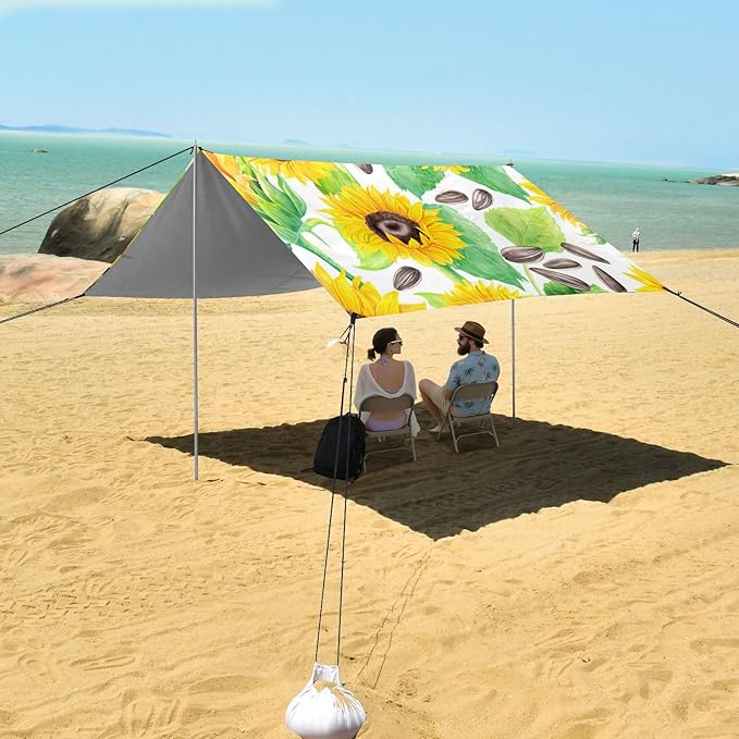 Beach Canopy with Windproof Ropes &amp Sandbags Beach Tent Sun Shade Sun Shelter for Camping Trips Fishing Backyard Fun or Picnics Sunflower