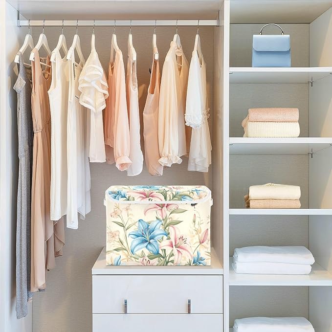 Collapsible Storage Bins with Lids Decorative Fabric Storage Cubes Closet Organizer and Storage Basket Boxes Containers for Clothes Box Chest Nursery Folding Rectangle Pretty Lily Flowers and