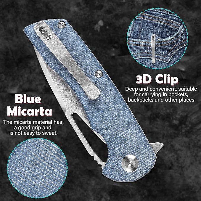 KANSEPT Kryo Pocket Knife 8.08in Folding Knives with 3.58in12C28N Steel Drop Point Blade and Blue Micarta Handle for Outdoor Tactical Survival and EDC T1001M3