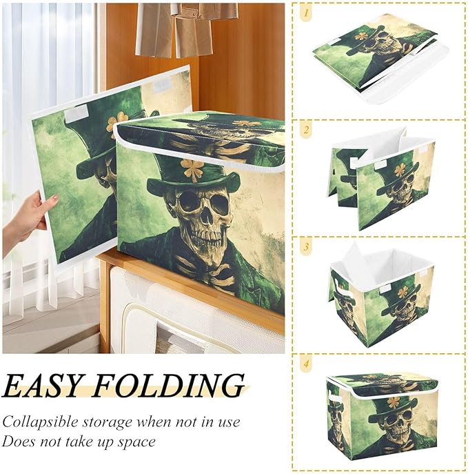 Storage Cube with Lid Skeleton Saint Patrick’s Day Print 16.5×12.6×11.8 IN Collapsible Large Capacity Foldable Storage Basket Bin Organizer